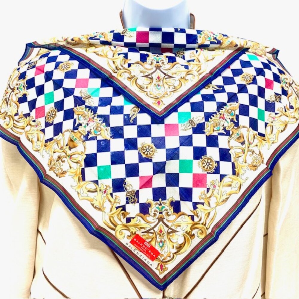 New Balanciaga handkerchief 18" cotton white green red checker gold decorate(97